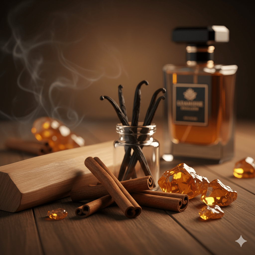 نُت‌های مهم عطر پاییزی شامل چوب صندل، دارچین، وانیل و عنبر، برای نشان دادن ترکیب رایحه‌های گرم و ماندگار.