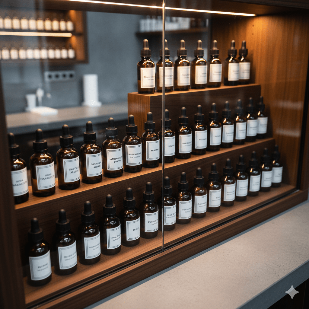 مجموعه‌ای از اسانس‌ها و مواد اولیهٔ عطرسازی شامل روغن‌های طبیعی و ترکیبات سنتتیک که در بطری‌های شیشه‌ای کوچک و تیره نگهداری می‌شوند تا کیفیت آن‌ها حفظ شود.