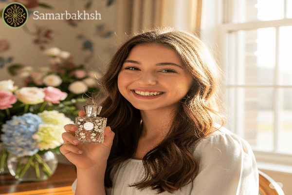تصویری شاد و جذاب از دختری نوجوان که شیشه عطر خود را در دست دارد. این عکس حس شادابی، طراوت و اعتماد به نفس را منتقل می‌کند و برای مقاله‌هایی با موضوع بهترین عطر دخترانه نوجوان مناسب است.