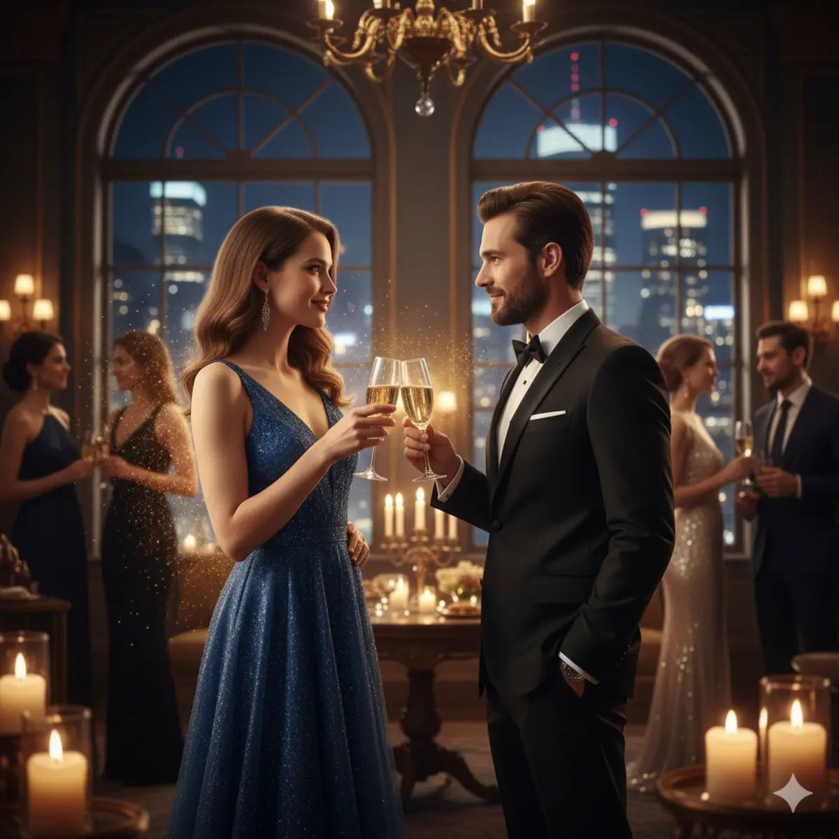 مهمانی شبانه با استفاداده از راهنمای انتخاب عطر در روبروی partner به همراه لیوان نوشیدنی در ست در حال گفتو در وسط یک سالن روبروی پنجره به همراه افارد دیگر در دو طرف پنجره درحال گفتگو 