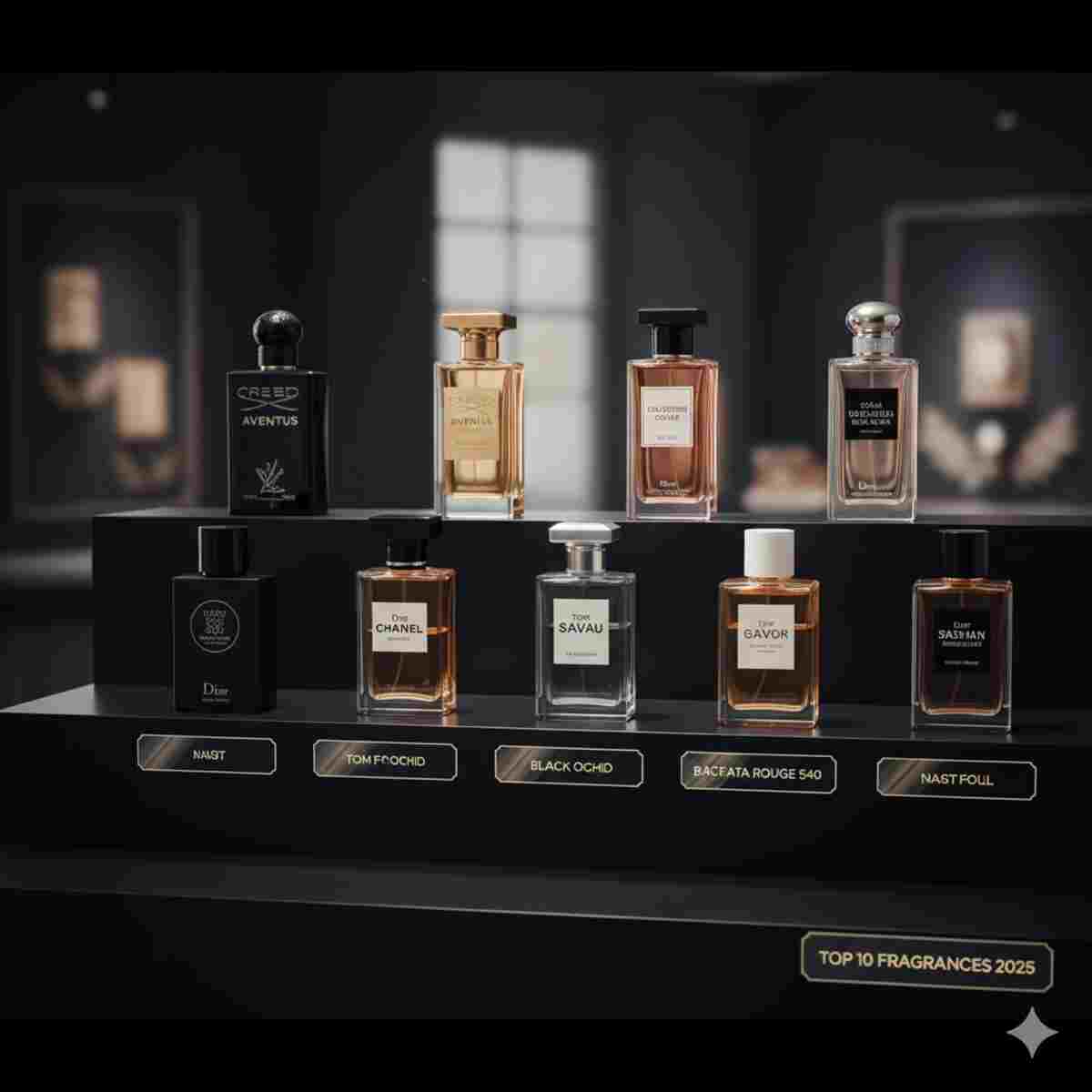 مجموعه‌ای از ده بطری عطر لوکس و مشهور با طراحی‌های متفاوت، روی یک استند مدرن و سیاه‌رنگ در فضایی تاریک و گالری‌مانند نمایش داده شده‌اند. نام برندهای معروفی مانند 'CREED AVENTUS', 'CHANEL', 'DIOR' و 'TOM FORD' روی بطری‌ها و برچسب‌های زیر هر عطر دیده می‌شود. در پایین تصویر، متنی با عنوان 'TOP 10 FRAGRANCES 2025' به چشم می‌خورد که نشان‌دهنده برترین عطرهای سال است.