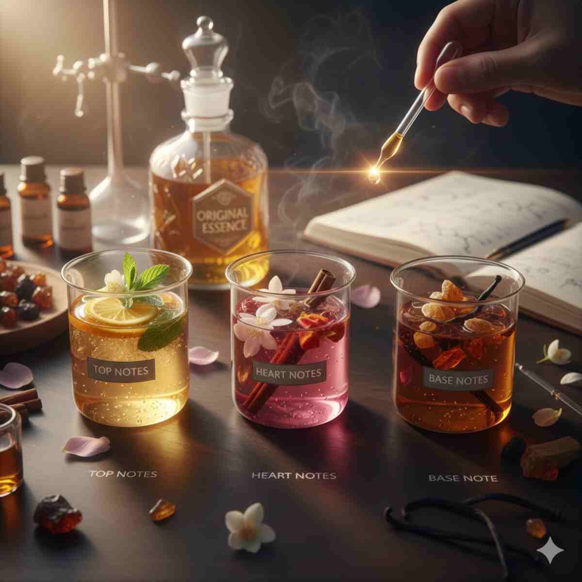 ترکیب شیمیایی عطر در سه مرحله نمایش داده شده است: سه بشر آزمایشگاهی حاوی مایعات با رنگ‌های مختلف و برچسب‌های 'Top Notes'، 'Heart Notes' و 'Base Notes' که نشان‌دهنده نت‌های فوقانی، میانی و پایه عطر هستند. یک دست در حال اضافه کردن مایع با قطره‌چکان به یکی از بشرها دیده می‌شود و مواد اولیه طبیعی مانند وانیل، دارچین و مرکبات در اطراف قرار دارند. در پس‌زمینه، لوازم آزمایشگاهی و یک دفترچه یادداشت علمی به چشم می‌خورد.