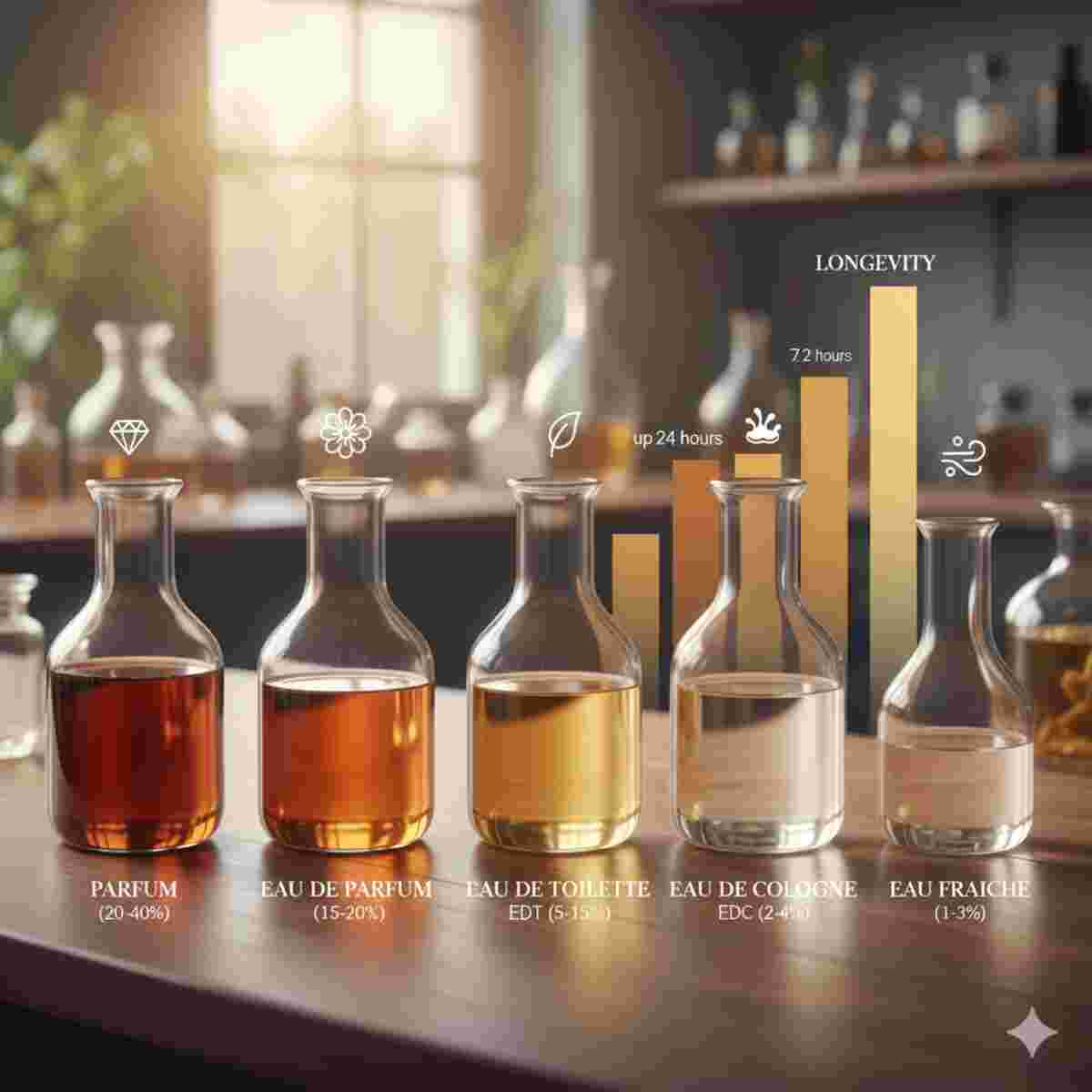 پنج بطری شیشه‌ای عطر با مایعاتی در رنگ‌ها و غلظت‌های متفاوت، به ترتیب از تیره به روشن، روی یک میز چوبی چیده شده‌اند. هر بطری با برچسبی شامل نوع غلظت (PARFUM, EAU DE PARFUM, EAU DE TOILETTE, EAU DE COLOGNE, EAU FRAICHE) و درصد روغن معطر مربوطه مشخص شده است. در پس‌زمینه، نموداری میله‌ای با عنوان 'LONGEVITY' (ماندگاری) مدت زمان دوام هر غلظت عطر را نشان می‌دهد. نمادهای کوچک بالای هر بطری، ویژگی‌های متمایز هر غلظت را برجسته می‌کنند.