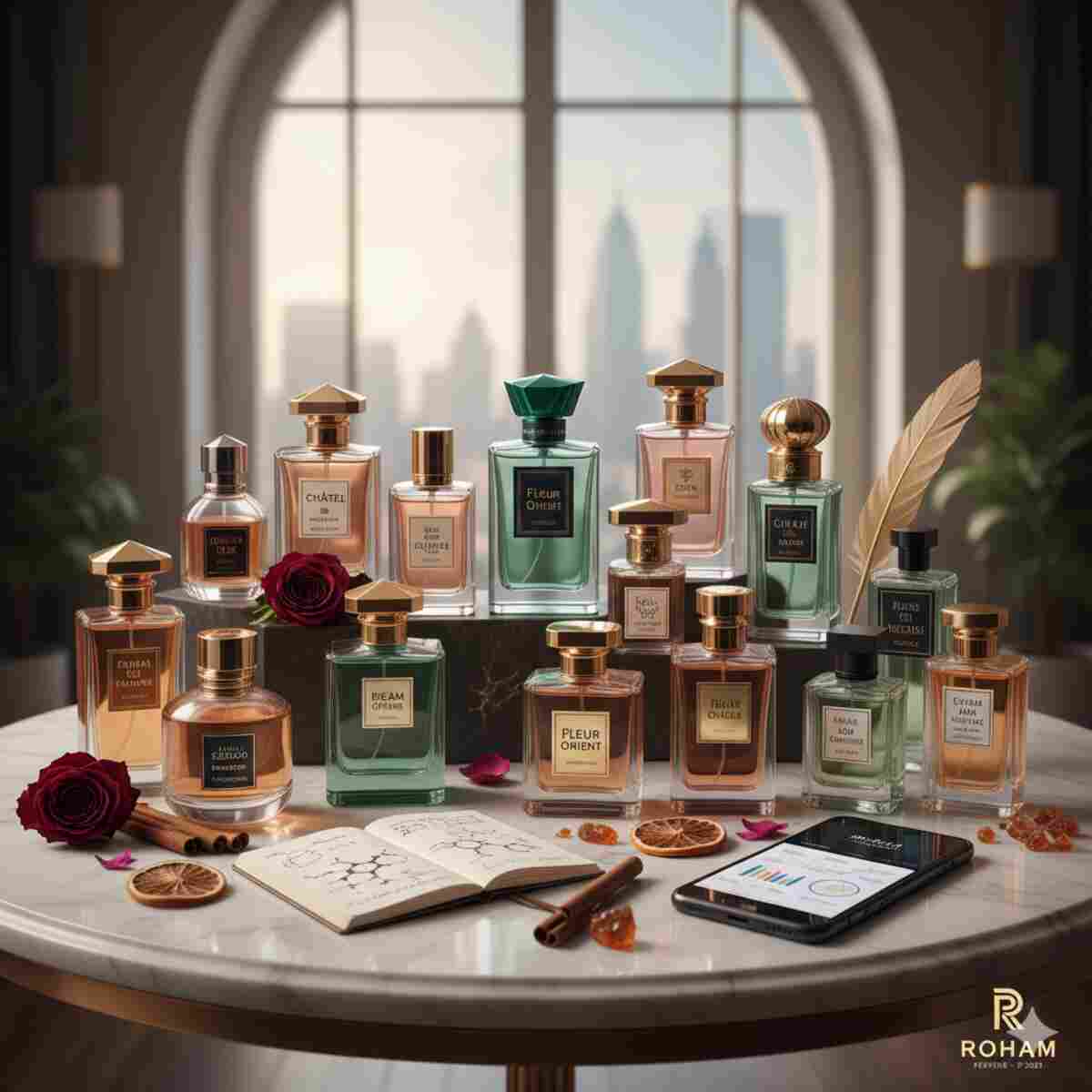 مجموعه‌ای لوکس از بطری‌های عطر برندهای مختلف و معروف که با تزئیناتی مانند گل رز، قلم پر و اسلایس پرتقال روی یک میز مرمرین قرار گرفته‌اند. در پس‌زمینه یک پنجره بزرگ با منظره شهر دیده می‌شود و در پایین سمت راست، لوگوی "Roham" به چشم می‌خورد. این تصویر نشان‌دهنده گستردگی و کیفیت محصولات یک فروشگاه عطر است.